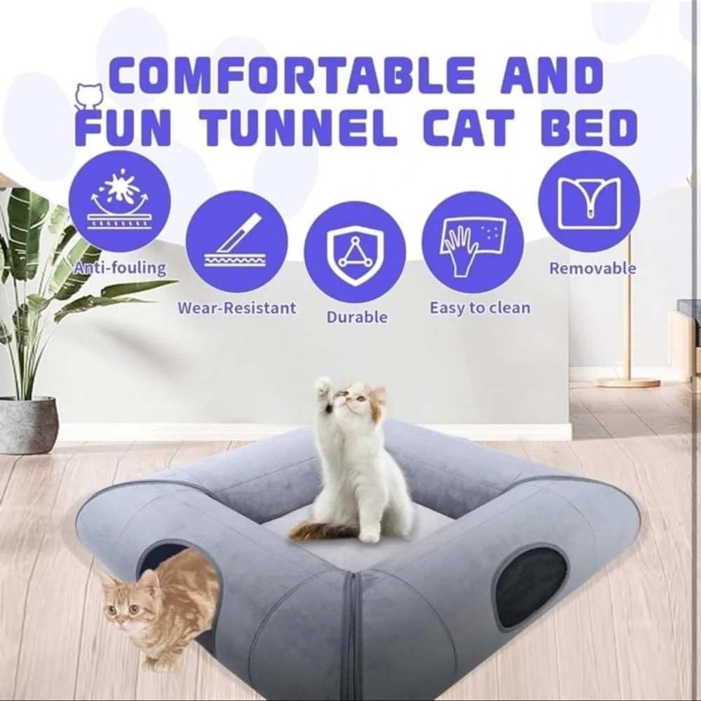 Cat Tunnel Bed, Indoor Cat Cave, Removable Cat Tunnel with Removable Soft Pad